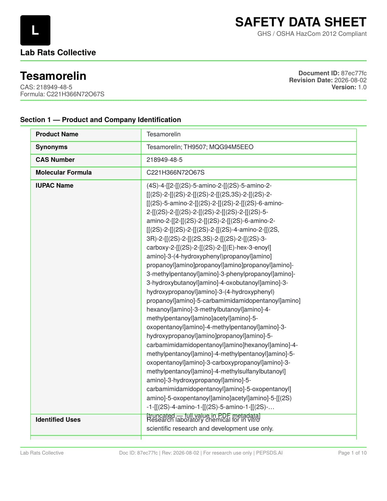 Tesamorelin 15mg Safety Data Sheet