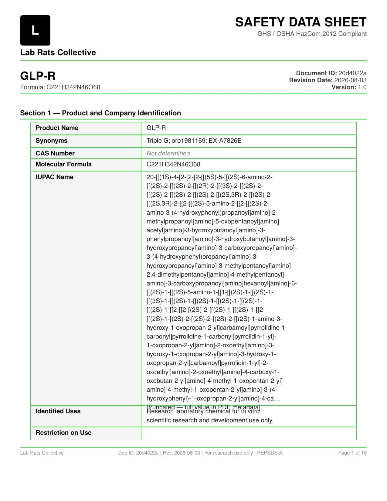 GLP-R 60mg Safety Data Sheet