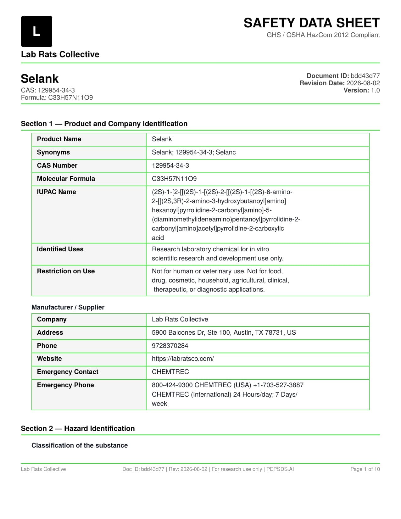 N-Acetyl-Selank Spray Safety Data Sheet